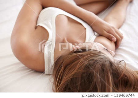 Woman, bed and sleep to relax, wellness and peace in underwear, calm and morning on blanket in home. Girl, person and sheets in bedroom for holiday, vacation and duvet cover in apartment with fatigue Woman, bed and sleep to relax, wellness and peace in underwear, calm and morning on blanket in home. Girl, person and sheets in bedroom for holiday, vacation and duvet cover in apartment with fatigue 139469744