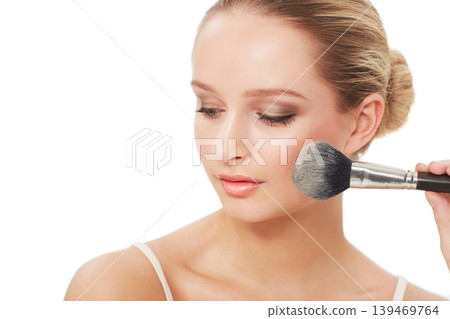 Woman, makeup and beauty with brush, face and model for skin, cosmetics on white background. Topless, beautiful and headshot with shine, skincare or clean for facial glow, cosmetology or grooming Woman, makeup and beauty with brush, face and model for skin, cosmetics on white background. Topless, beautiful and headshot with shine, skincare or clean for facial glow, cosmetology or grooming 139469764