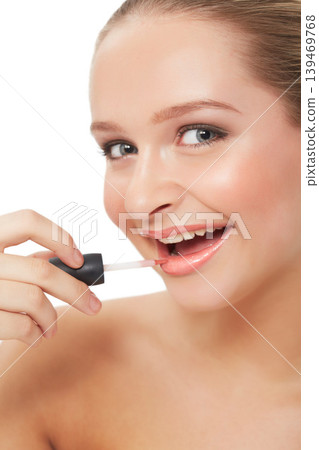 Woman, makeup and beauty with smile, lipgloss and model for skin, cosmetics on white background. Topless, beautiful and headshot with shine, skincare or clean for glow, closeup or self care Woman, makeup and beauty with smile, lipgloss and model for skin, cosmetics on white background. Topless, beautiful and headshot with shine, skincare or clean for glow, closeup or self care 139469768