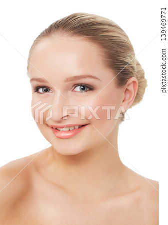 Woman, makeup and smile with portrait, face and model for skin, cosmetics on white background. Topless, beautiful and headshot with shine, skincare or clean for facial glow, cosmetology or grooming Woman, makeup and smile with portrait, face and model for skin, cosmetics on white background. Topless, beautiful and headshot with shine, skincare or clean for facial glow, cosmetology or grooming 139469771