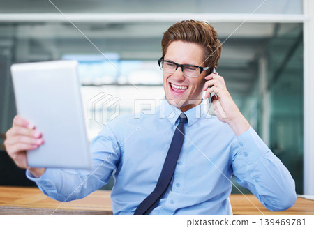 Businessman, phone call and reading tablet or smile in office, notification and communication for news. Male person, discussion and information or online announcement, smartphone and conversation 139469781