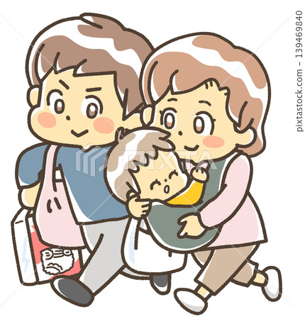 家庭場景描繪：一對夫婦帶著他們的嬰兒購物。 139469840