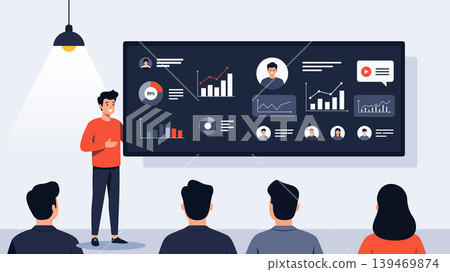Man presenting data dashboard audience screen Man presenting data dashboard audience screen 139469874