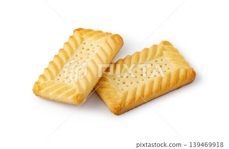 Two baked shortbread cookies on white background Two baked shortbread cookies on white background 139469918