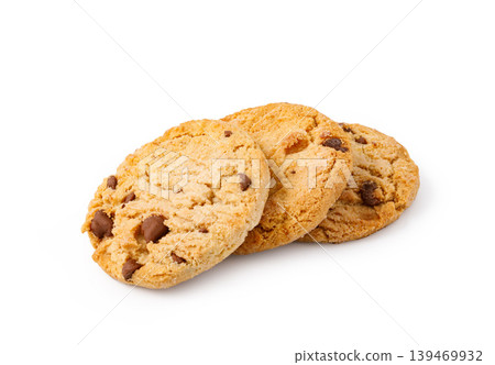 Three chocolate chip cookies on a white background Three chocolate chip cookies on a white background 139469932
