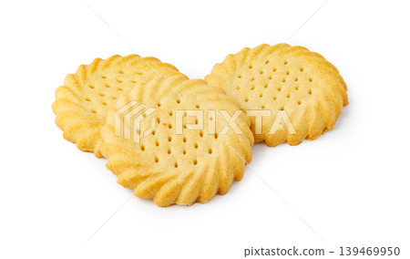 Three round shortbread cookies isolated on white background 139469950