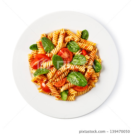 Fusilli pasta with tomato sauce and fresh spinach Fusilli pasta with tomato sauce and fresh spinach 139470050