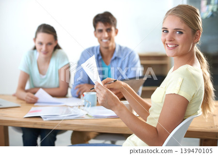 Colleagues, business meeting and documents with smile, looking and planning with coworkers. Man, women and technology for email, working or project for conversation, workplace and professional 139470105