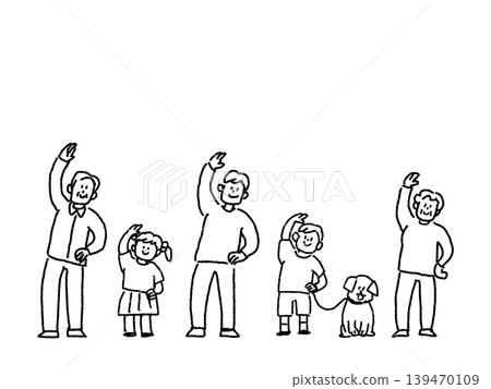 人們做體操(兒童、成人、老人、狗),線條畫 人們做體操(兒童、成人、老人、狗),線條畫 139470109