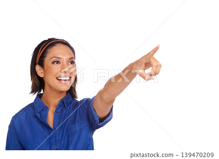 Studio, happy and woman point gesture at sales deal promotion, commercial direction or advertising choice. Mockup space, announcement and model smile, offer or discount isolated on white background Studio, happy and woman point gesture at sales deal promotion, commercial direction or advertising choice. Mockup space, announcement and model smile, offer or discount isolated on white background 139470209