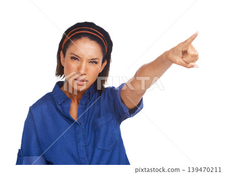 Studio portrait, serious problem or woman pointing at bad sale deal, commercial direction or service crisis. News advertisement, presentation or model fail risk, offer or discount on white background Studio portrait, serious problem or woman pointing at bad sale deal, commercial direction or service crisis. News advertisement, presentation or model fail risk, offer or discount on white background 139470211