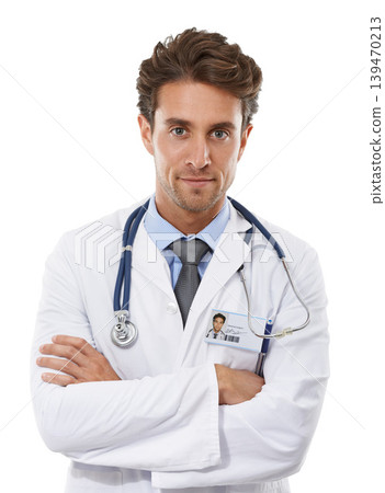 Doctor, portrait or man for arms crossed in studio, confident or healthcare employee in medical career. Specialist, face or cardiologist in trust in medicine pride or stethoscope by white background Doctor, portrait or man for arms crossed in studio, confident or healthcare employee in medical career. Specialist, face or cardiologist in trust in medicine pride or stethoscope by white background 139470213
