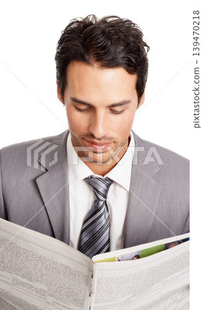Business man, relaxing and reading newspaper in studio, headlines and information on current events. Businessperson, document and knowledge or announcement on paper, newsletter and white background Business man, relaxing and reading newspaper in studio, headlines and information on current events. Businessperson, document and knowledge or announcement on paper, newsletter and white background 139470218