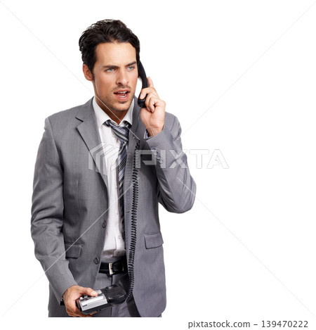Stress, phone call or business man with telephone or work conflict, fight or difficult client feedback on studio white background. Angry, argument and frustrated entrepreneur with consulting drama Stress, phone call or business man with telephone or work conflict, fight or difficult client feedback on studio white background. Angry, argument and frustrated entrepreneur with consulting drama 139470222