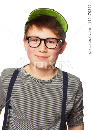 Portrait, fashion and glasses and a boy nerd in studio isolated on a white background for intelligent style. Kids, smile and eyewear with a confident young child geek in a casual clothing outfit Portrait, fashion and glasses and a boy nerd in studio isolated on a white background for intelligent style. Kids, smile and eyewear with a confident young child geek in a casual clothing outfit 139470232