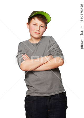Portrait, fashion and a boy child arms crossed in studio isolated on a white background for youth style. Smile, trendy or clothes and a confident young male kid in a casual outfit with a cap Portrait, fashion and a boy child arms crossed in studio isolated on a white background for youth style. Smile, trendy or clothes and a confident young male kid in a casual outfit with a cap 139470236