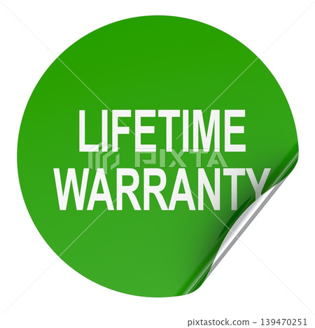Lifetime Warranty, green round sticker with curled edge. 3d rendering 139470251