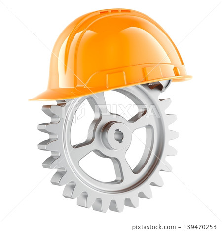 Orange hard hat on metal gear, industrial safety concept. 3D rendering Orange hard hat on metal gear, industrial safety concept. 3D rendering 139470253