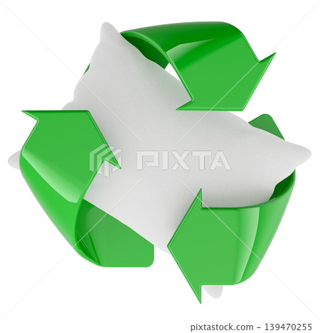 Pillow recycling concept. White pillow inside green recycling symbol. 3d rendering 139470255
