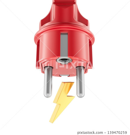 Red electric plug with golden lightning bolt, power supply and electric voltage concept, 3d rendering Red electric plug with golden lightning bolt, power supply and electric voltage concept, 3d rendering 139470259