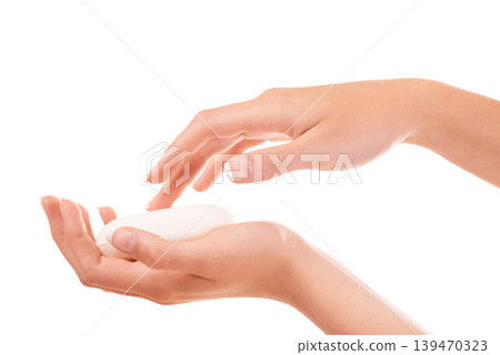 Hygiene, soap and closeup of washing hands in studio for health, wellness or selfcare. Grooming, cosmetic and zoom of person or model clean skin to prevent germs, bacteria or dirt by white background Hygiene, soap and closeup of washing hands in studio for health, wellness or selfcare. Grooming, cosmetic and zoom of person or model clean skin to prevent germs, bacteria or dirt by white background 139470323