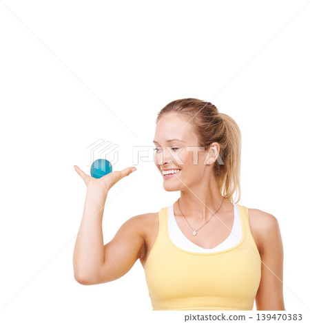 Happy woman, stress ball and anger management for anxiety against a white studio background. Face of young female person or palm smile with round object in exercise, relief or tension on mockup space Happy woman, stress ball and anger management for anxiety against a white studio background. Face of young female person or palm smile with round object in exercise, relief or tension on mockup space 139470383