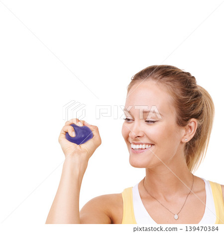 Stress ball, health and woman in studio for smile, fitness and arm exercise with wellness. Happy, sport equipment and young female person from Canada with anxiety relief isolated by white background. Stress ball, health and woman in studio for smile, fitness and arm exercise with wellness. Happy, sport equipment and young female person from Canada with anxiety relief isolated by white background. 139470384