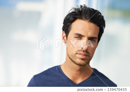 Man, portrait and fashion confidence or wall background in home in casual outfit, relax weekend or rest holiday. Male person, face and clothes or style trends or vacation, wellness or mockup space Man, portrait and fashion confidence or wall background in home in casual outfit, relax weekend or rest holiday. Male person, face and clothes or style trends or vacation, wellness or mockup space 139470435