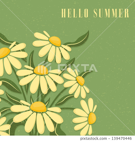 Hello summer vintage greeting banner with daisy flowers on green background vector illustration. 139470446