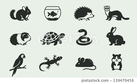 Small pets and exotic animals black icons set vector illustration. Small pets and exotic animals black icons set vector illustration. 139470458