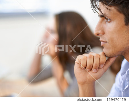 Business man, profile and thinking on company future and contemplating in office for work. Male person, side view and professional or inspiration for ideas, growth and vision for career development 139470459