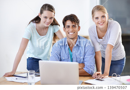 Teamwork, laptop or portrait of happy designers in meeting for news, strategy or planning together in office. Collaboration, startup or people with research on online blog website for editing project 139470507