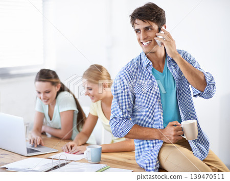 Businessman, phone call and networking or drinking coffee in office, smile and connection for communication. Happy male person, professional and smartphone for discussion in workplace, tech and talk Businessman, phone call and networking or drinking coffee in office, smile and connection for communication. Happy male person, professional and smartphone for discussion in workplace, tech and talk 139470511