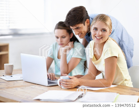 Business, portrait and team on laptop, paperwork and coffee at coworking accounting office. Happy startup people, man and women at desk on website for admin documents, online tax or consulting agency 139470512