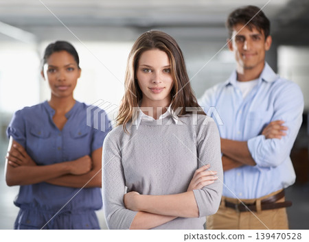 Business, portrait and arms crossed in team in office job, corporate career and positive in about us. Women, man and face as confident in workplace, trust and collaboration as professional in sales 139470528