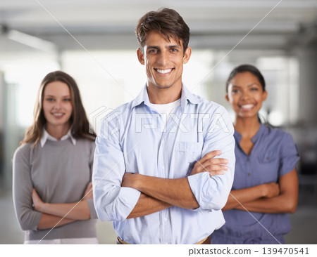 Business, people and portrait in arms crossed in office, teamwork and pride in career in office. Man, women and smile face of confident in corporate start up, professional and about us in workplace 139470541