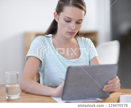Creative, business woman and scroll on tablet in office for planning research, information and social network in startup agency. Serious designer review digital news, software and app with technology Creative, business woman and scroll on tablet in office for planning research, information and social network in startup agency. Serious designer review digital news, software and app with technology 139470576