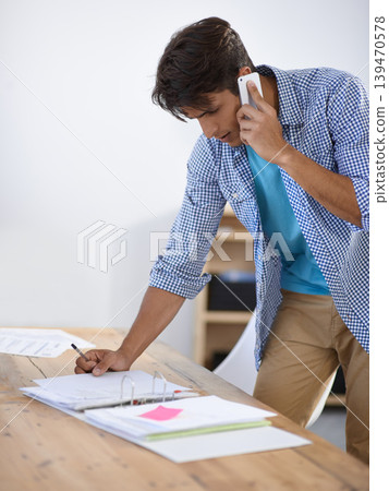 Business man, phone call and planning with documents, folder or paperwork for accounting and financial advice. Professional worker talking on his mobile for startup information and taxes management 139470578