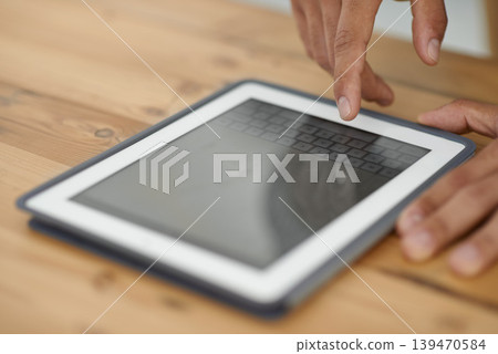 Person, hand and tablet for online connection or technology communication, social media or internet screen. Fingers, close up and typing as digital research or keyboard conversation, email or project Person, hand and tablet for online connection or technology communication, social media or internet screen. Fingers, close up and typing as digital research or keyboard conversation, email or project 139470584