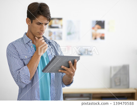 Business man, thinking and tablet in office for graphic design planning, research and software solution. Digital designer, artist or creative worker with online project, startup ideas and technology 139470588