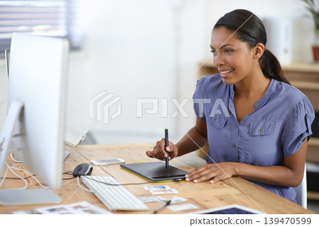 Tablet, computer and graphic design woman doing drawing of creative CAD, digital sketch or online rendering. Tools, editing pen and happy professional designer working on development process Tablet, computer and graphic design woman doing drawing of creative CAD, digital sketch or online rendering. Tools, editing pen and happy professional designer working on development process 139470599