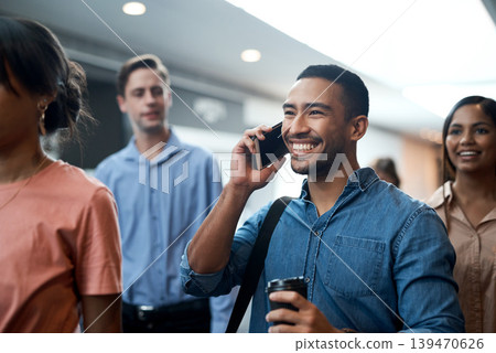 Business, phone call or man at seminar with good news, networking success or positive attitude at event. Happy, coffee or employee with tech, deal closed or partnership opportunity at conference. Business, phone call or man at seminar with good news, networking success or positive attitude at event. Happy, coffee or employee with tech, deal closed or partnership opportunity at conference. 139470626