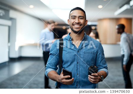 Portrait, smile and business man in hotel lobby, about us and event planner with phone. Venue organizer, employee and happy professional with coffee, creative career and pride for travel opportunity 139470630