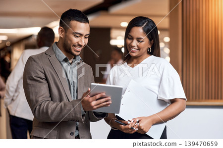 Tablet, smile or business people in lobby for conference, speaker coordination or schedule discussion. Tech, talk or event planner team with seminar organization, review attendance register or agenda Tablet, smile or business people in lobby for conference, speaker coordination or schedule discussion. Tech, talk or event planner team with seminar organization, review attendance register or agenda 139470659