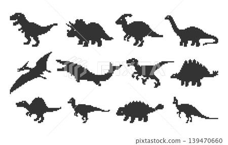 Set of pixel art dinosaur silhouettes featuring various species like T-Rex, Triceratops, and Pterodactyl. Retro 8-bit prehistoric creature collection for game design. Vector illustration. Set of pixel art dinosaur silhouettes featuring various species like T-Rex, Triceratops, and Pterodactyl. Retro 8-bit prehistoric creature collection for game design. Vector illustration. 139470660