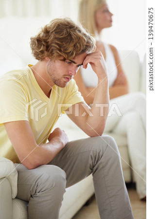Couple conflict, stress and divorce fight on a sofa with argument, anxiety or cheating depression in their home. Marriage crisis, dispute and overthinking man ignore woman narcissist in a living room Couple conflict, stress and divorce fight on a sofa with argument, anxiety or cheating depression in their home. Marriage crisis, dispute and overthinking man ignore woman narcissist in a living room 139470675