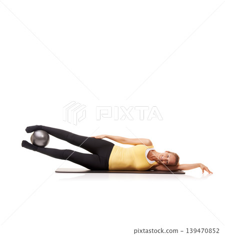 Woman, portrait and ball or legs wellness for abductor squeeze exercise, strong thighs or white background. Female person, face and equipment in studio for health balance, lifting or mockup space Woman, portrait and ball or legs wellness for abductor squeeze exercise, strong thighs or white background. Female person, face and equipment in studio for health balance, lifting or mockup space 139470852