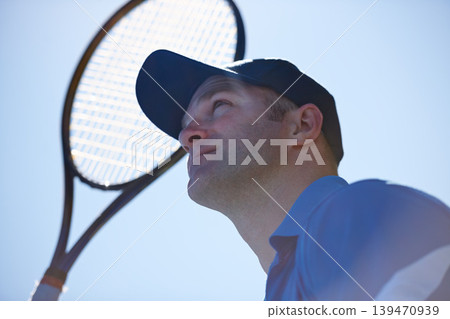 Tennis match, fitness and man in outdoors, competition and playing on court at country club. Male athlete person, challenge and exercise or racket for game, performance and practice or cardio workout Tennis match, fitness and man in outdoors, competition and playing on court at country club. Male athlete person, challenge and exercise or racket for game, performance and practice or cardio workout 139470939