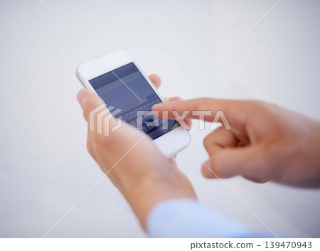 Hands, phone and typing on screen for communication or text message in studio, texting and conversation. Smartphone, person and replying or speaking online, contact and discussion by white background Hands, phone and typing on screen for communication or text message in studio, texting and conversation. Smartphone, person and replying or speaking online, contact and discussion by white background 139470943