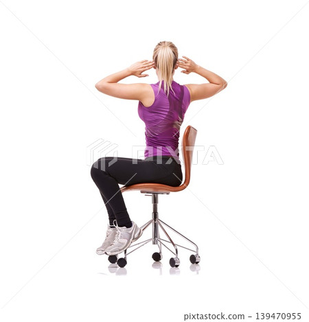Office, chair and woman stretching back for posture, health and fitness in white background or studio. Sitting, exercise and person training with seated stretches with arms or practice for wellness Office, chair and woman stretching back for posture, health and fitness in white background or studio. Sitting, exercise and person training with seated stretches with arms or practice for wellness 139470955
